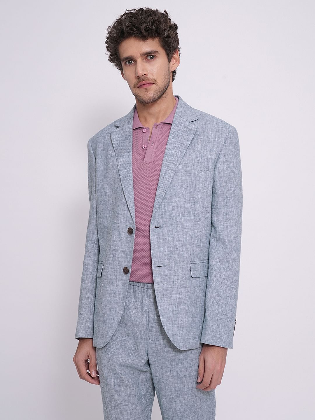 Blue Linen Regular Fit Blazer