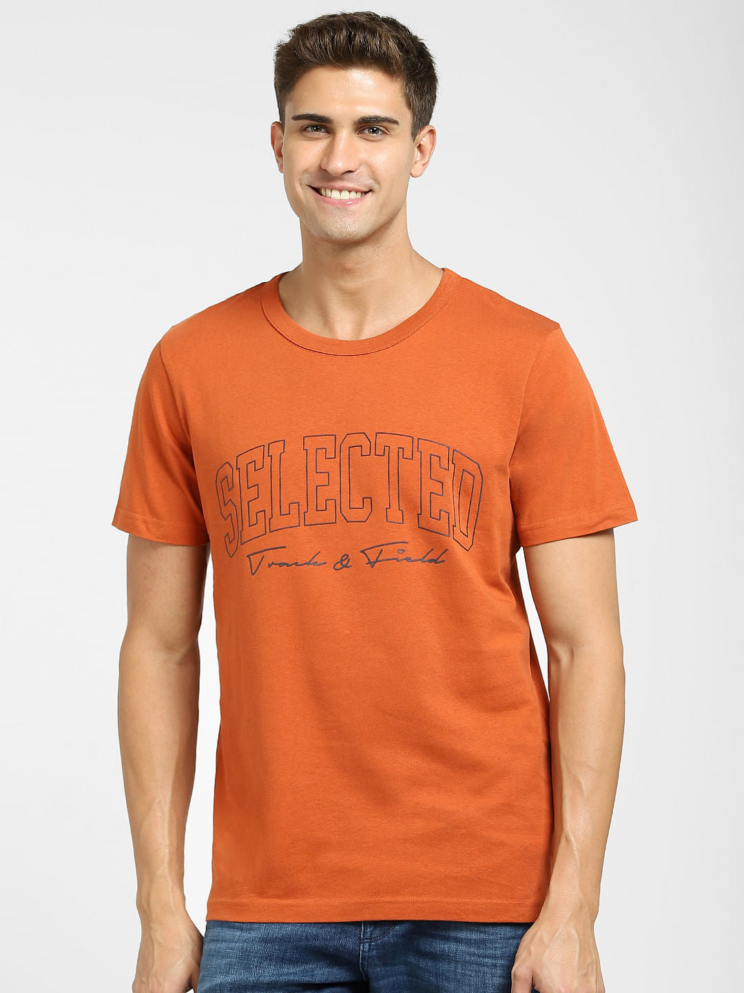 Orange Logo Print Crew Neck T-Shirt