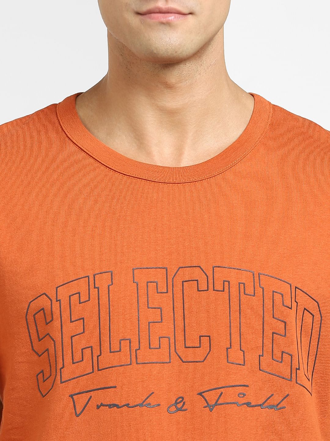 Orange Logo Print Crew Neck T-Shirt