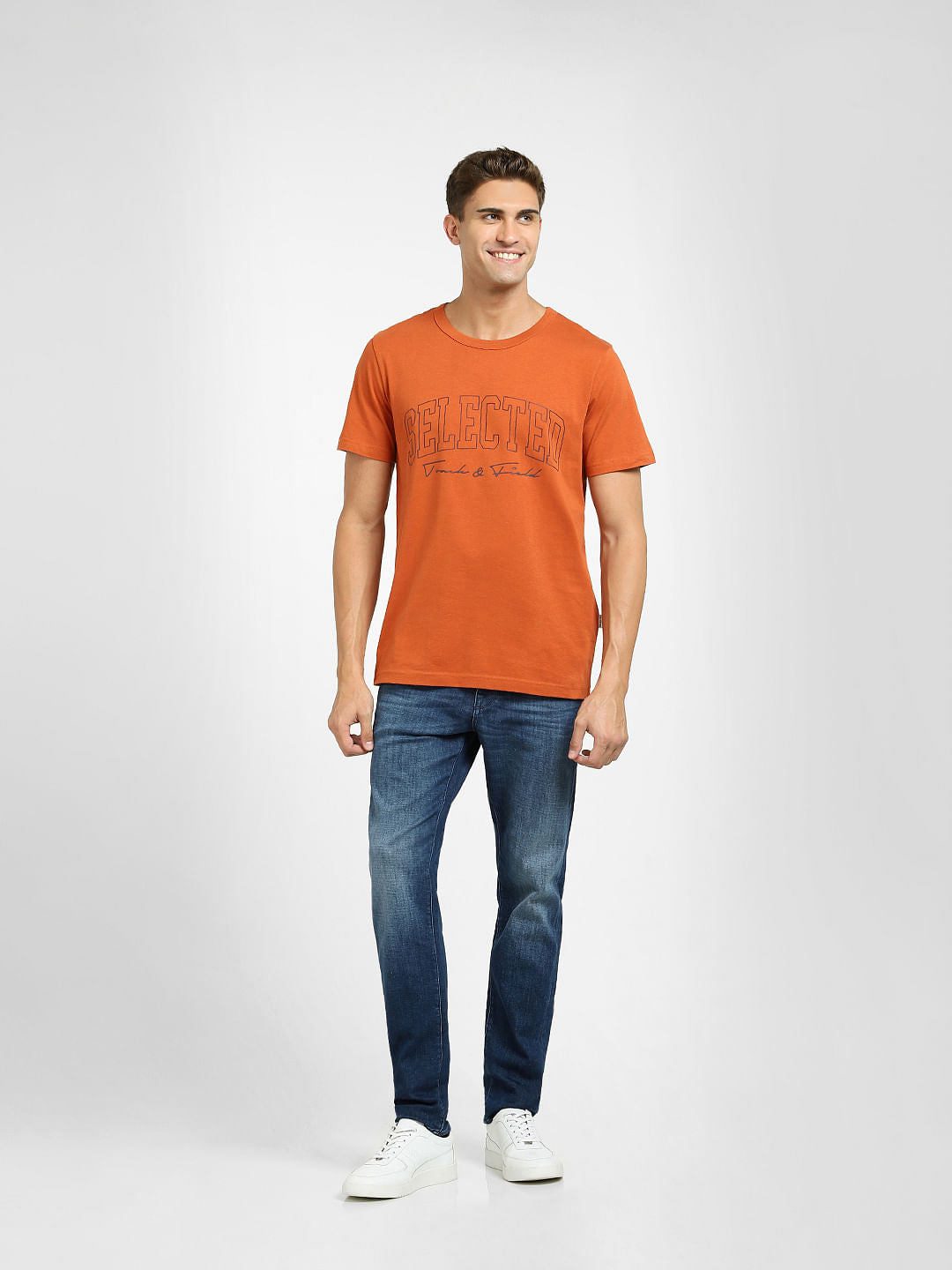 Orange Logo Print Crew Neck T-Shirt