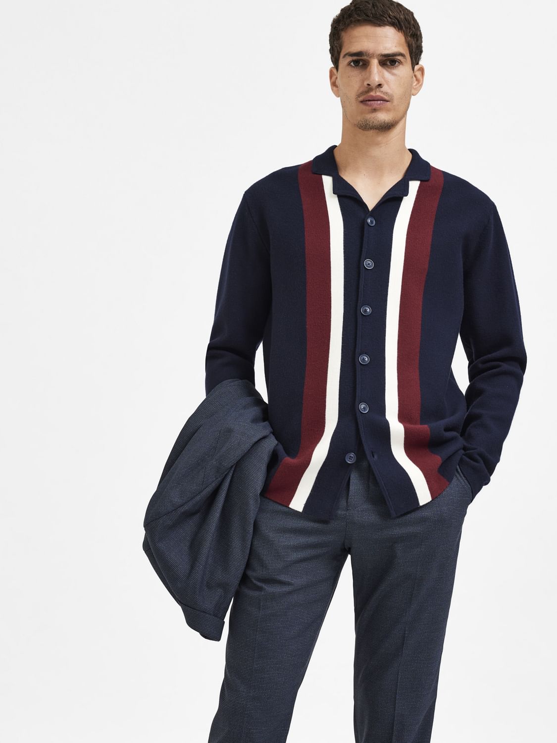 Navy Blue Striped Cuban Cardigan