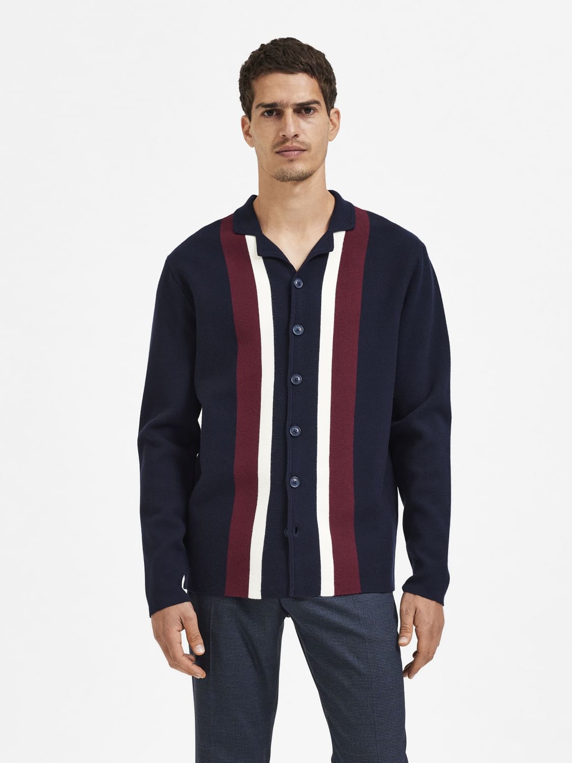 Navy Blue Striped Cuban Cardigan