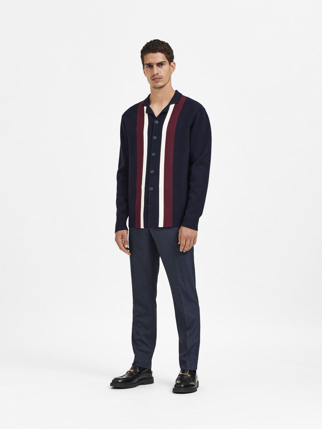 Navy Blue Striped Cuban Cardigan