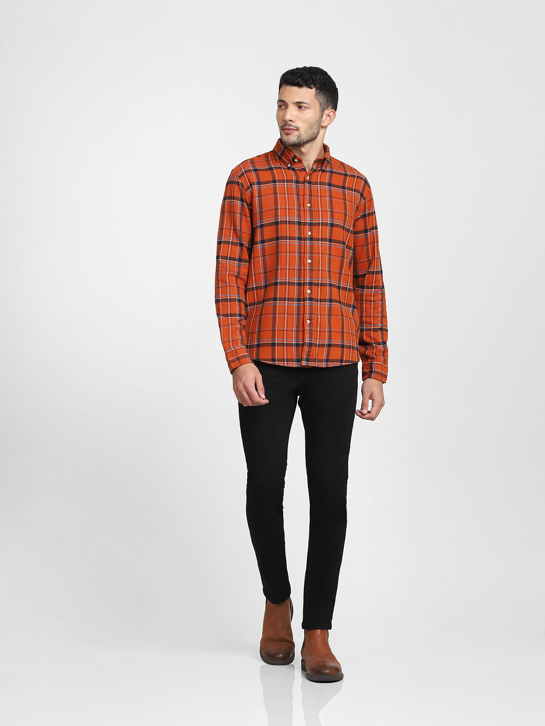 Orange Check Full Sleeves Shirt