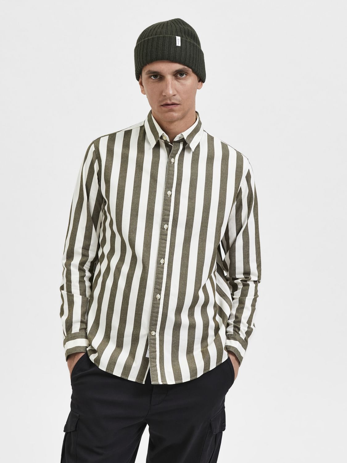 Green Striped Full Sleeves Shirt