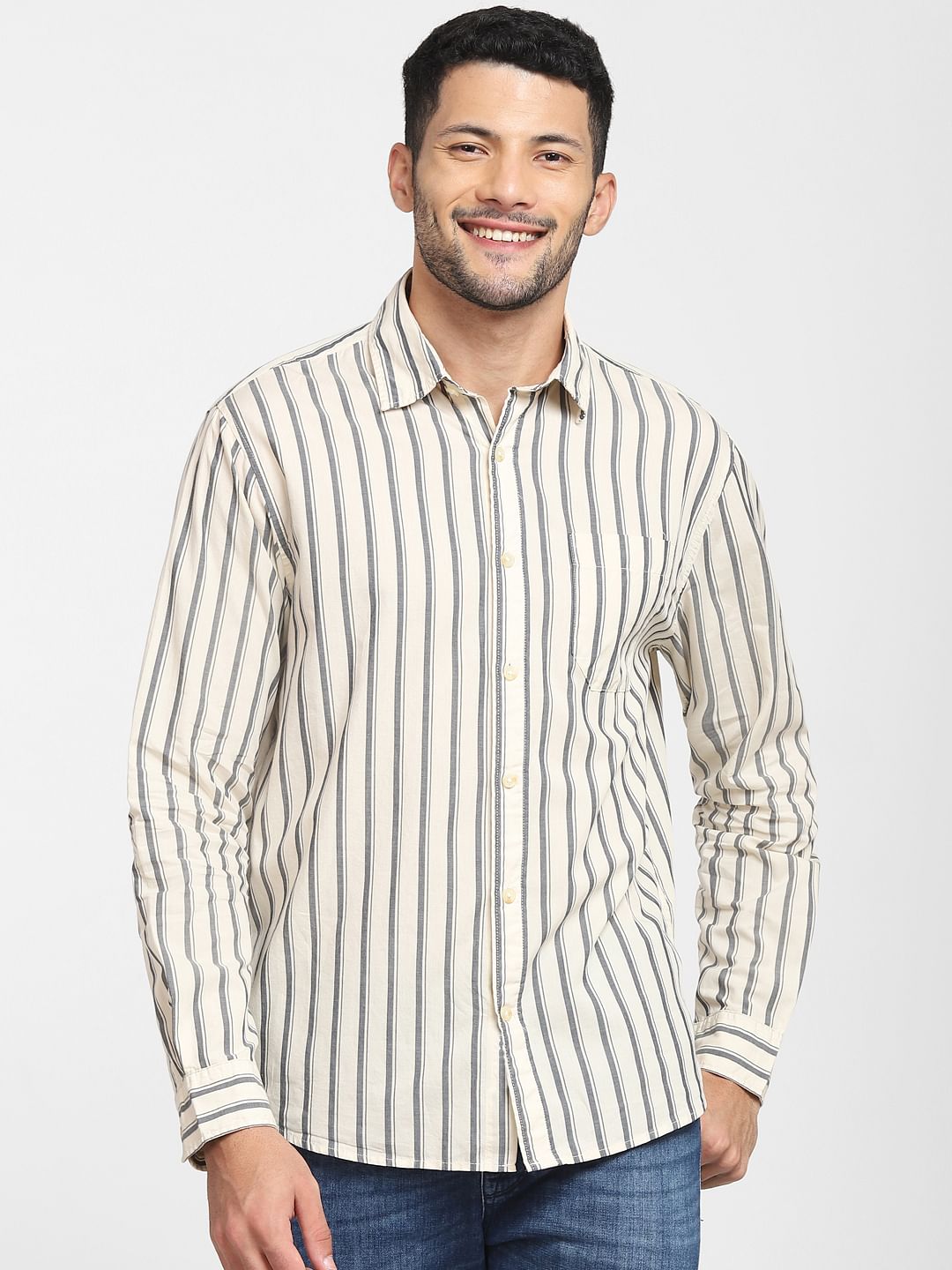 Cream Striped Full Sleeves Shirt