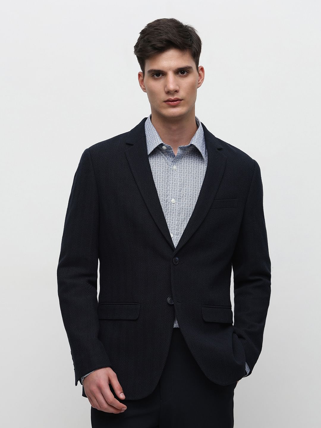 Navy Blue Herringbone Suit-Set Blazer