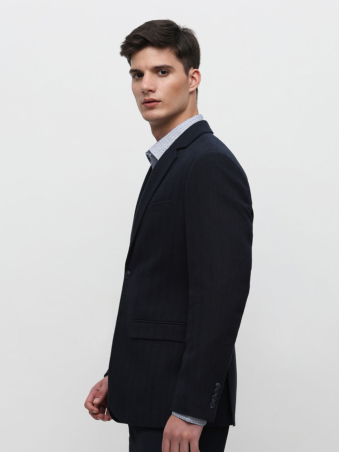 Navy Blue Herringbone Suit-Set Blazer