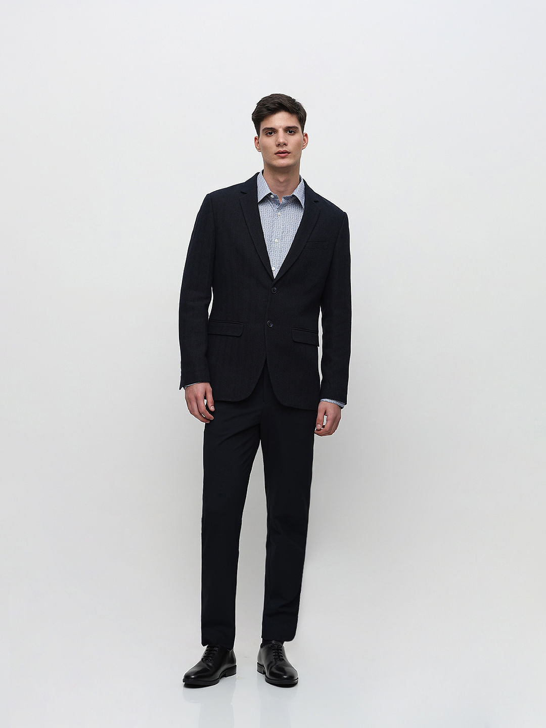 Navy Blue Herringbone Suit-Set Blazer