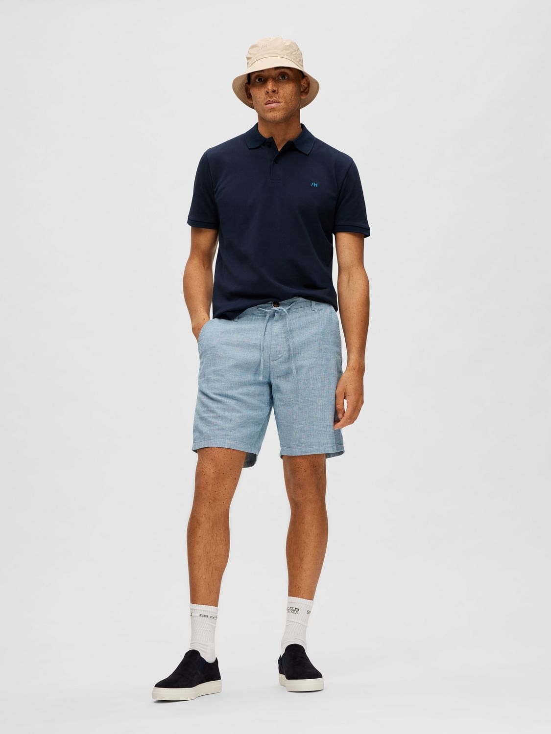 Light Blue Mid Rise Drawstring Linen Shorts