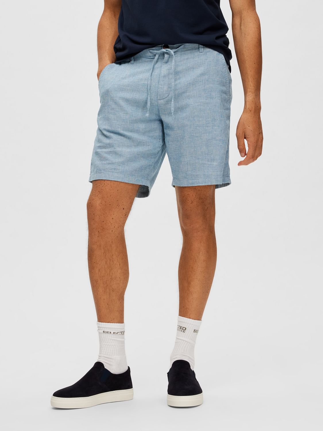 Light Blue Mid Rise Drawstring Linen Shorts