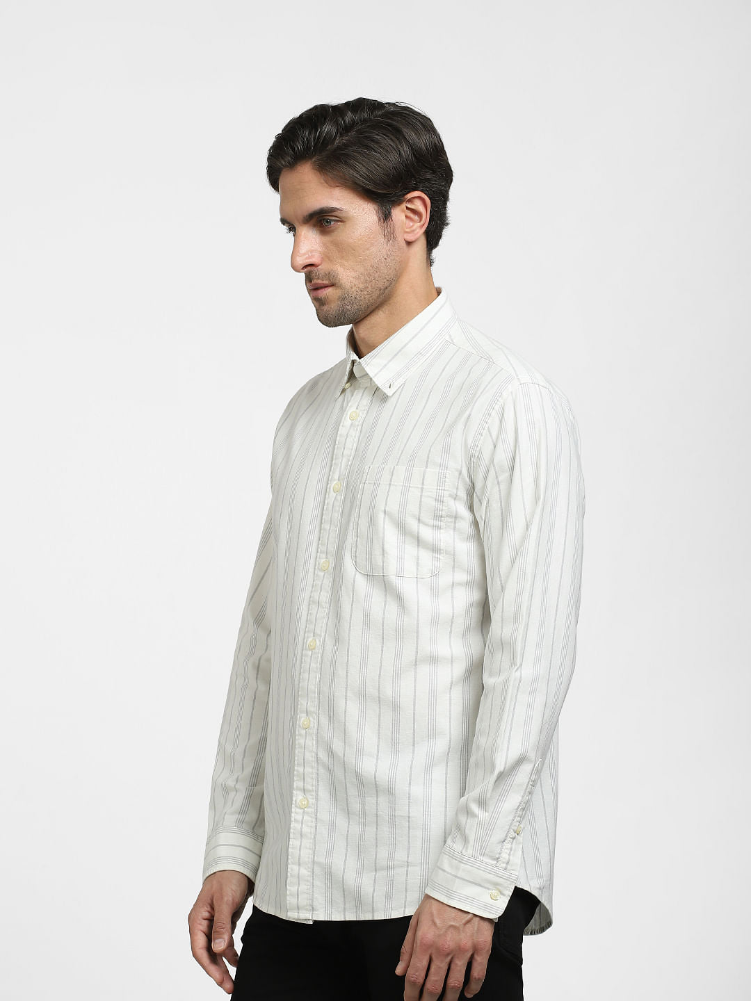 Grey Striped Organic Cotton Full Sleeves Shirt