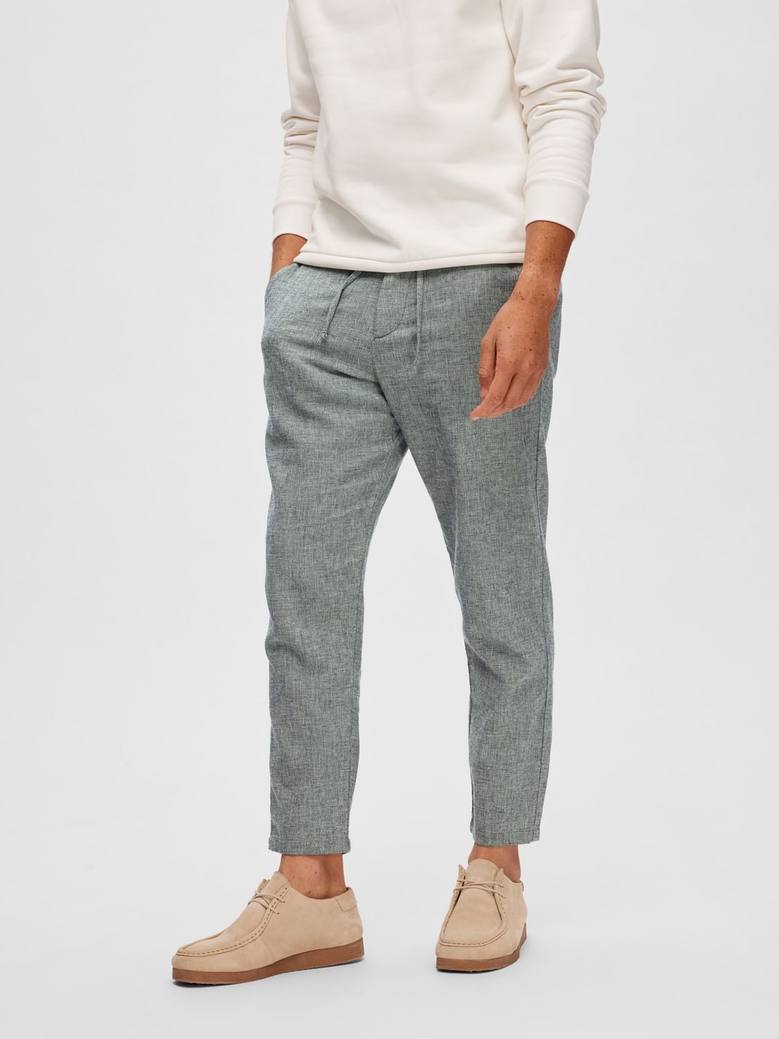 Blue Mid Rise Linen Pants