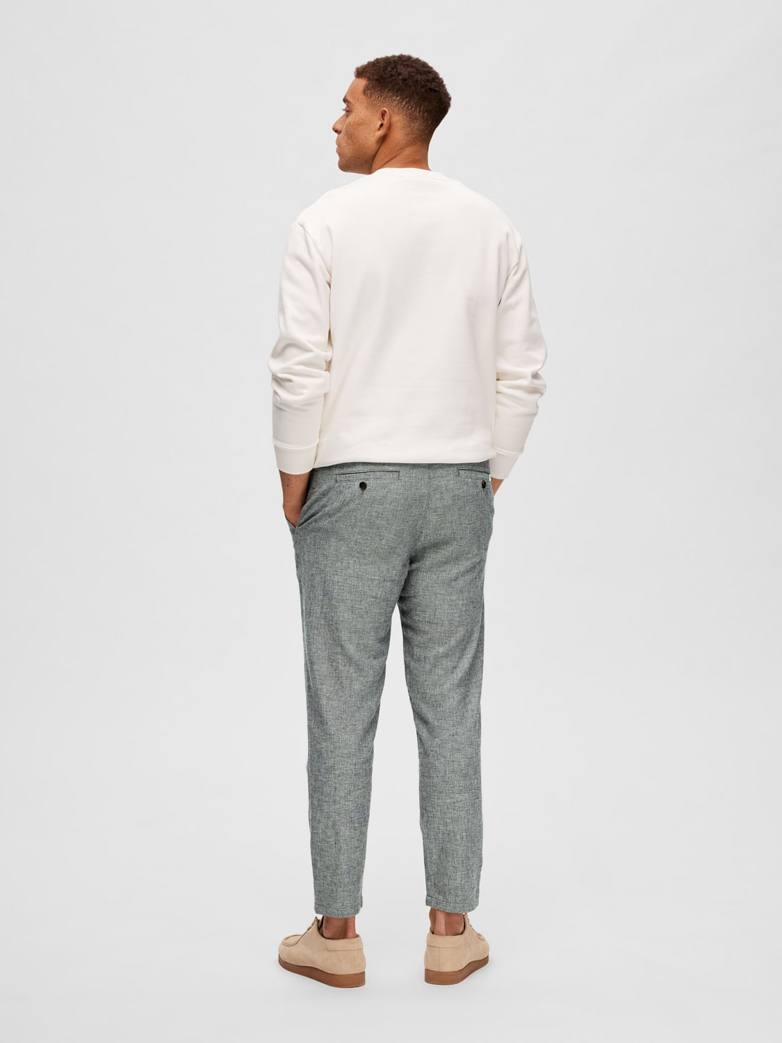 Blue Mid Rise Linen Pants