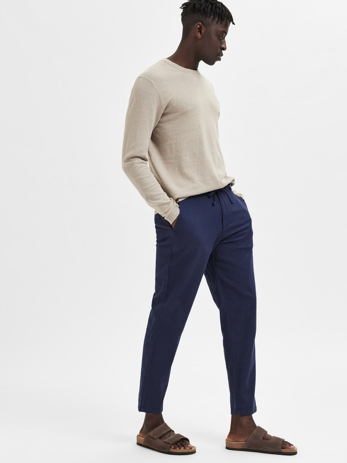 Dark Blue Mid Rise Linen Pants