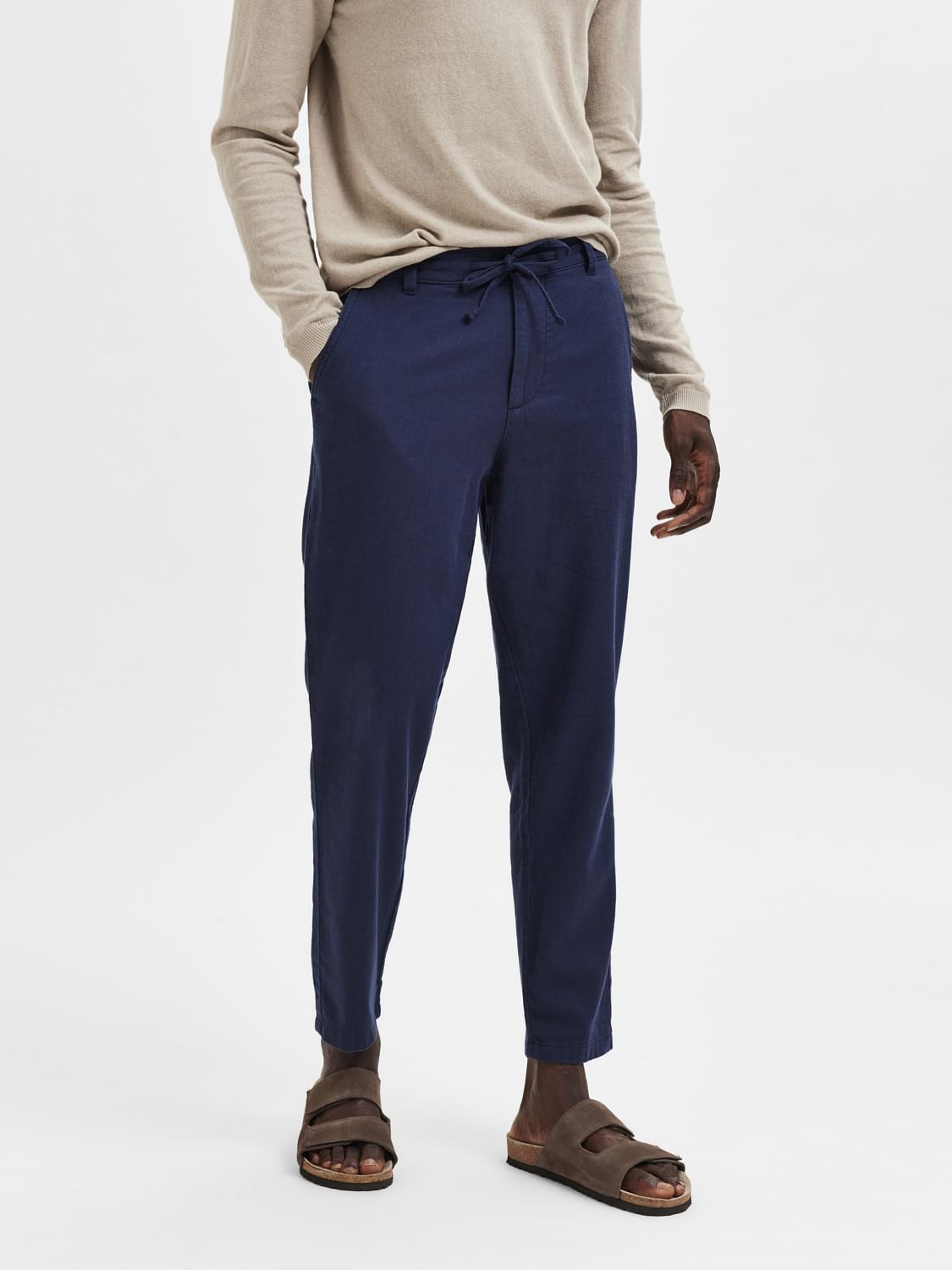 Dark Blue Mid Rise Linen Pants