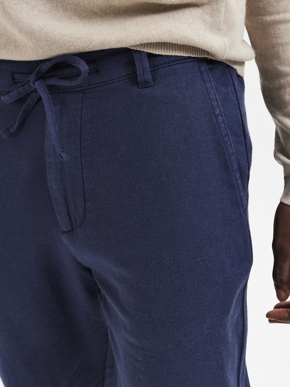 Dark Blue Mid Rise Linen Pants