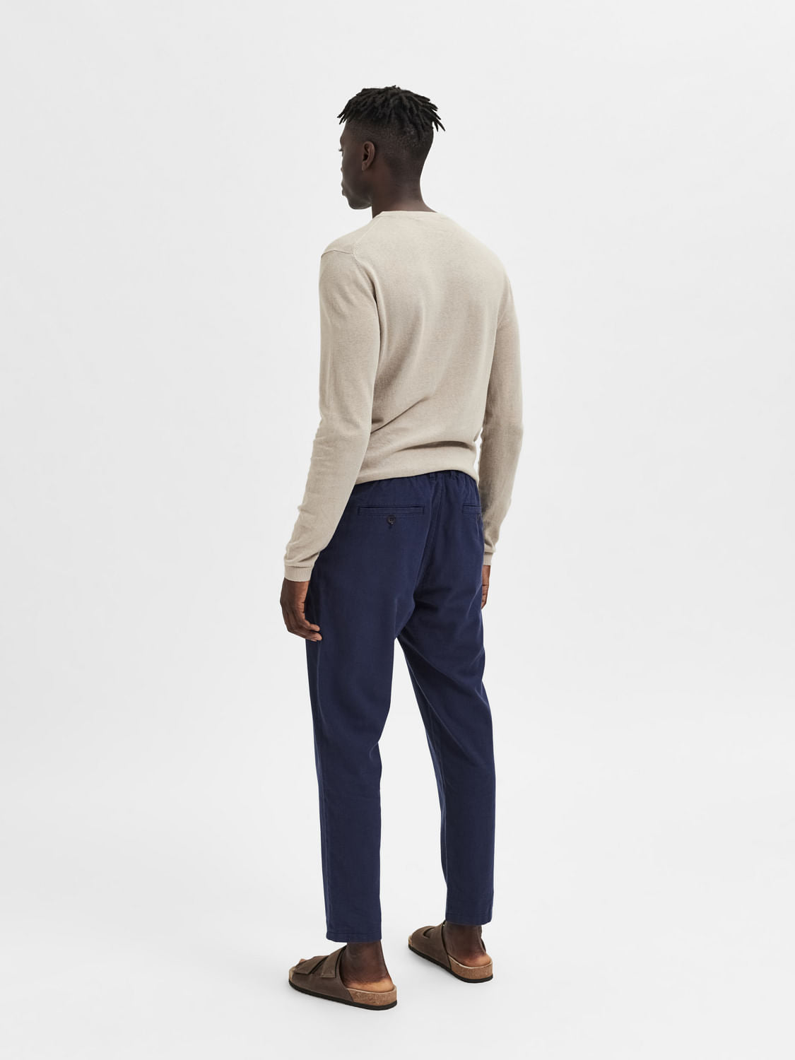 Dark Blue Mid Rise Linen Pants