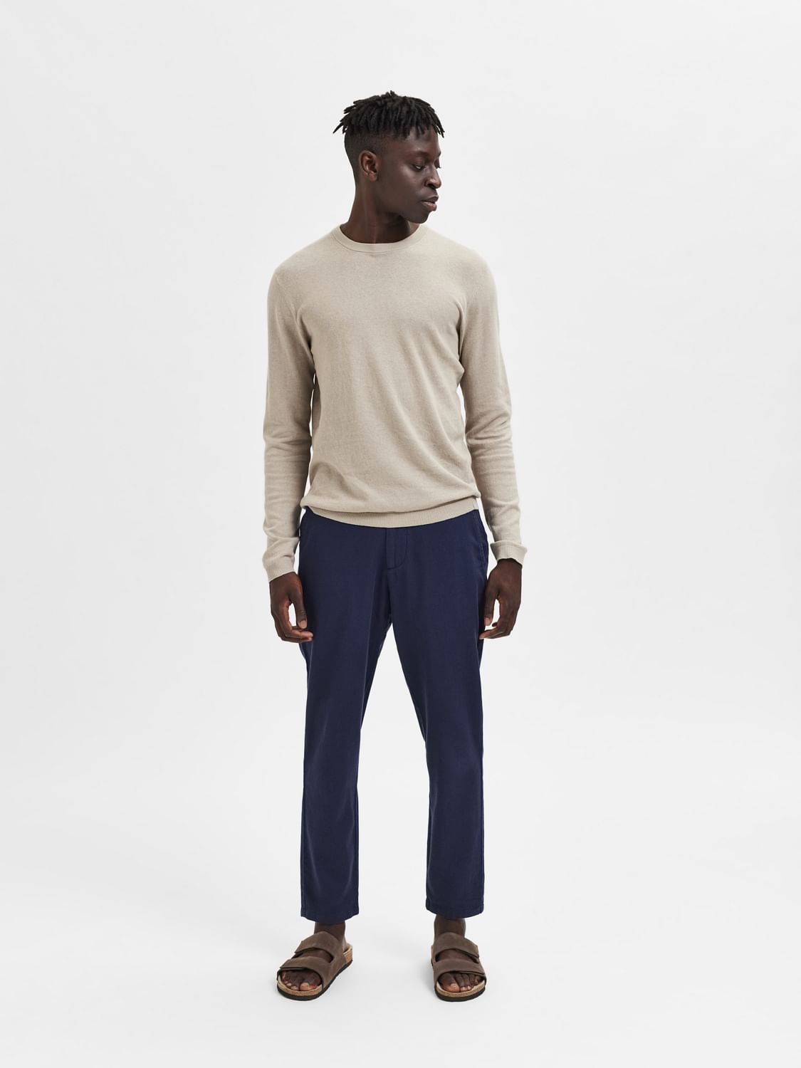 Dark Blue Mid Rise Linen Pants
