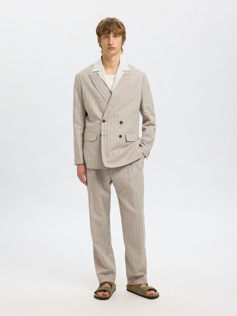 Beige Striped Double Breasted Blazer