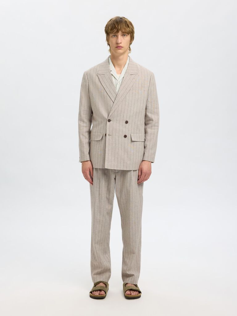 Beige Striped Double Breasted Blazer