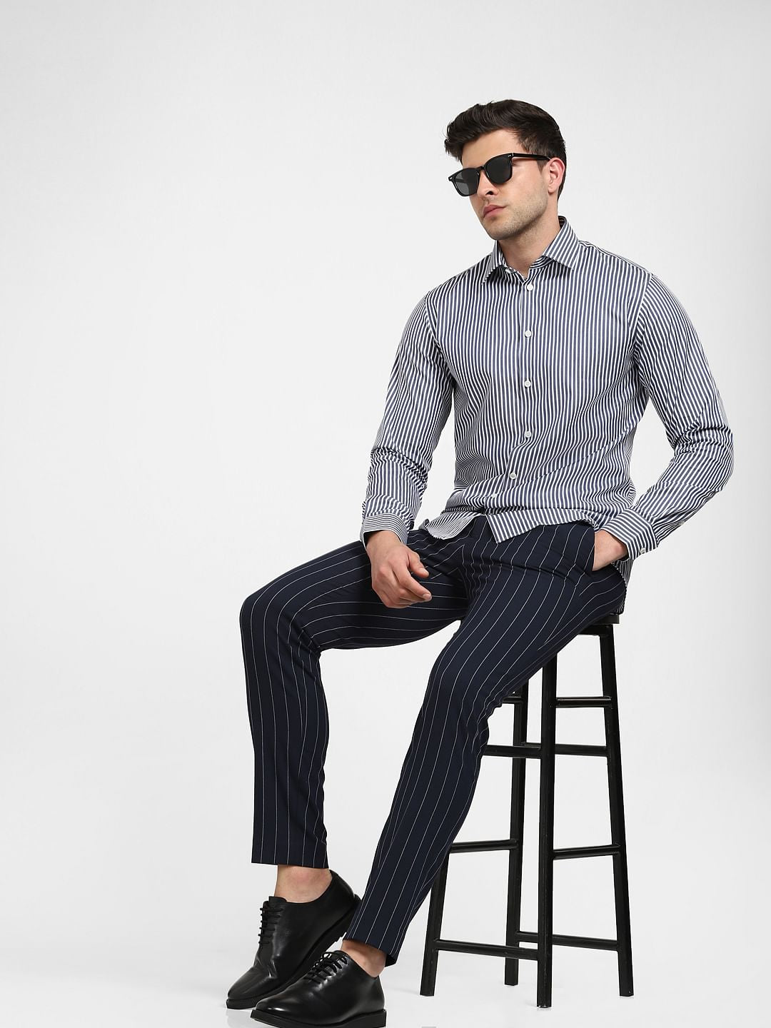 Navy Blue Mid Rise Striped Slim Trousers