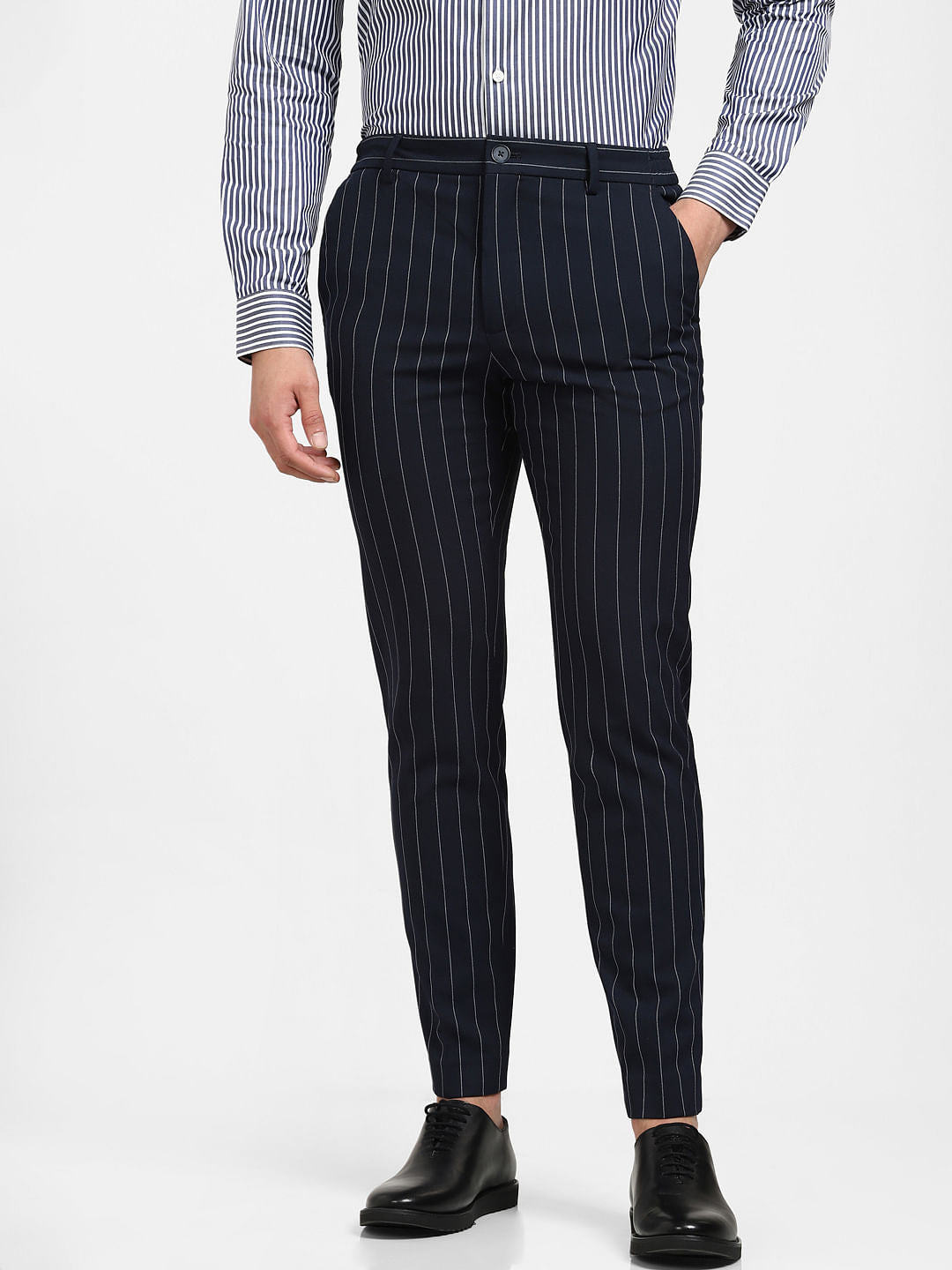 Navy Blue Mid Rise Striped Slim Trousers