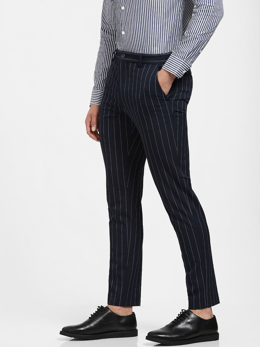 Navy Blue Mid Rise Striped Slim Trousers