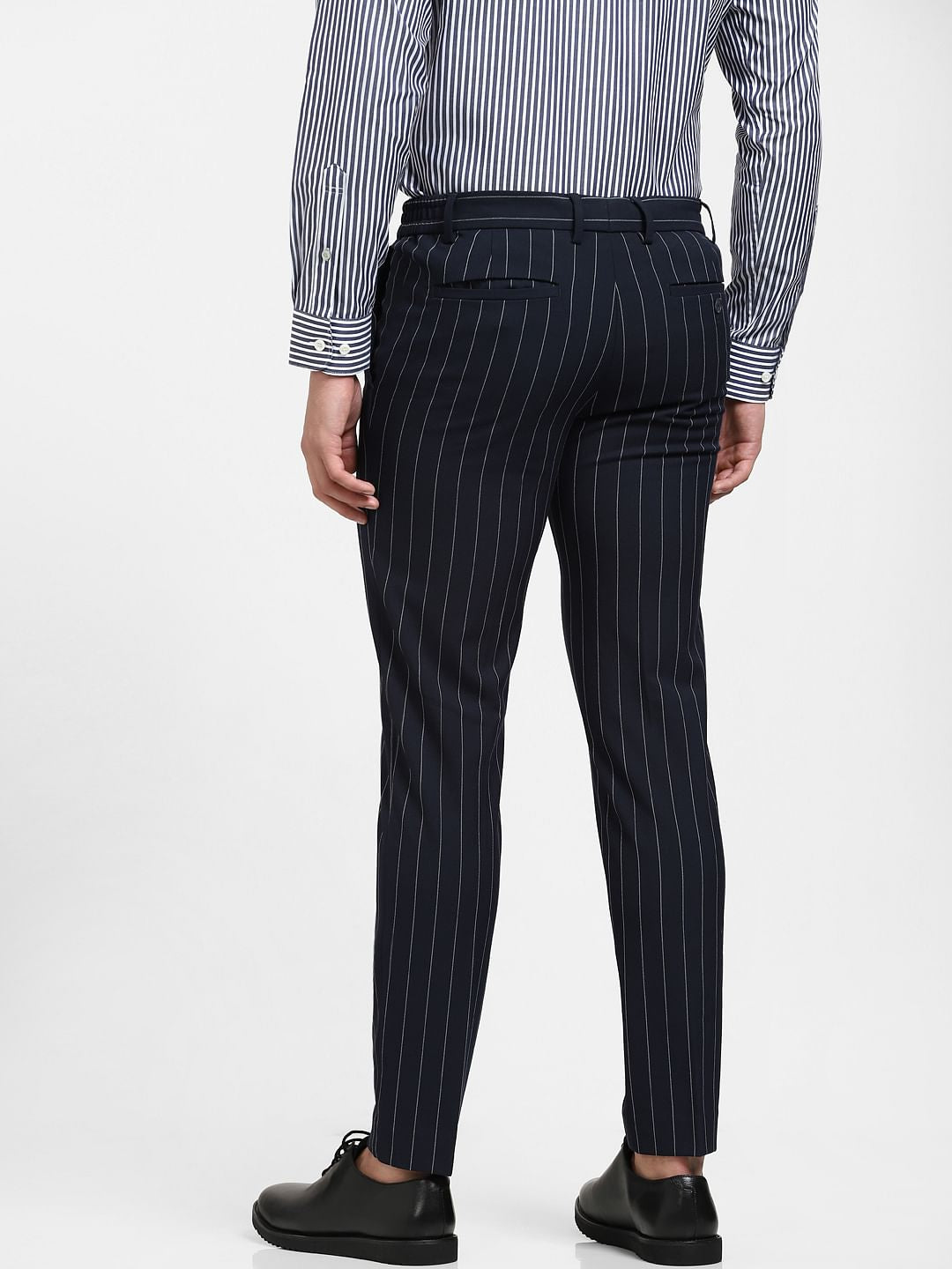 Navy Blue Mid Rise Striped Slim Trousers