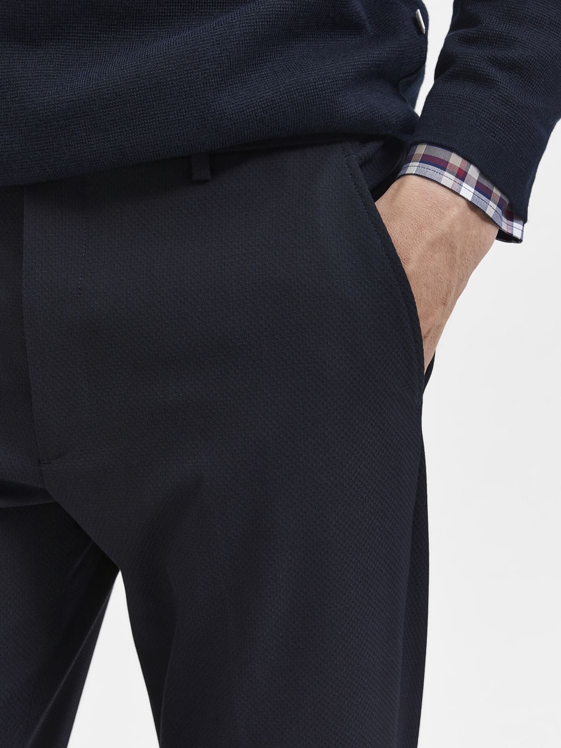 Navy Blue Mid Rise Tailored Trousers