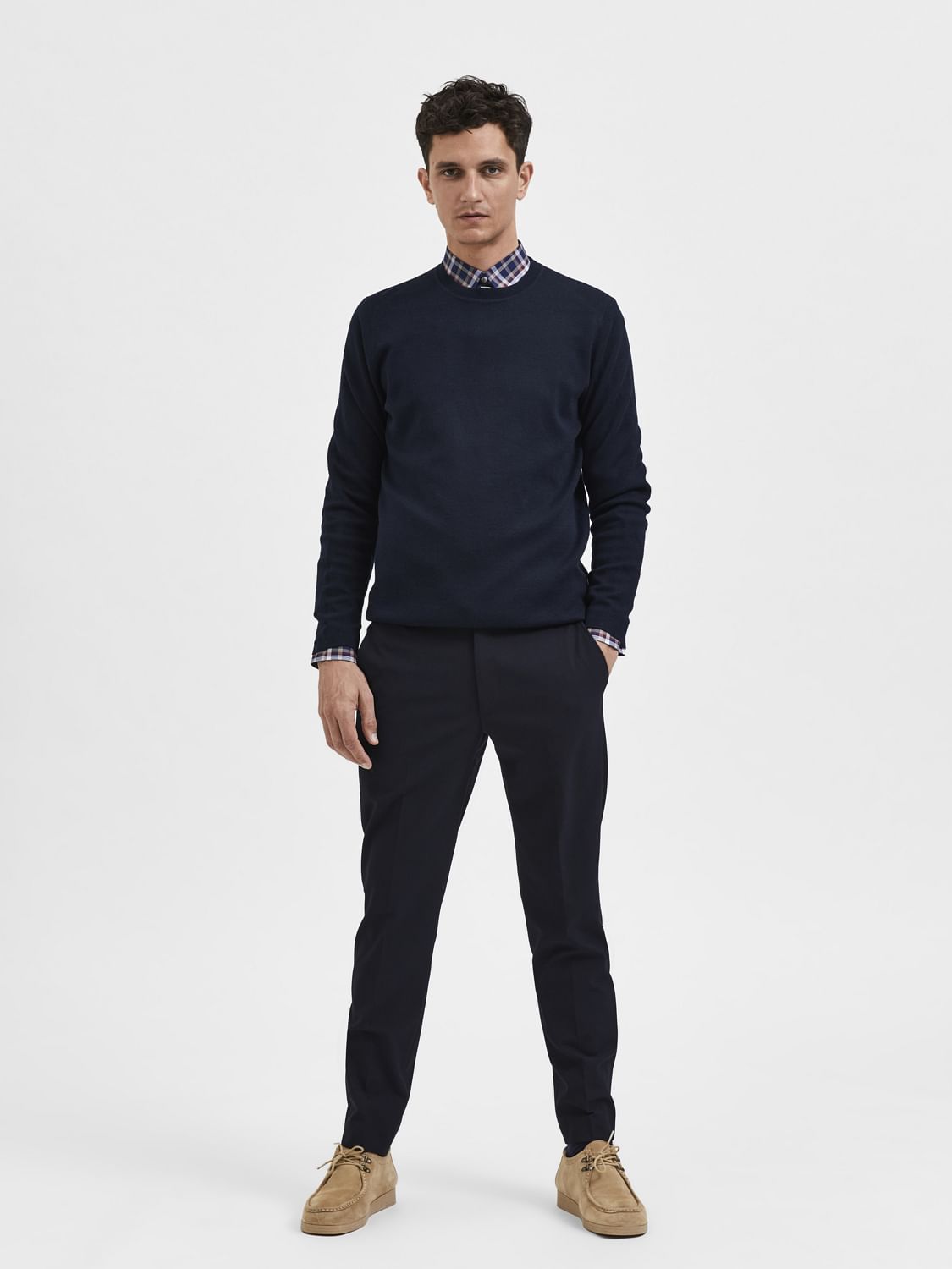 Navy Blue Mid Rise Tailored Trousers