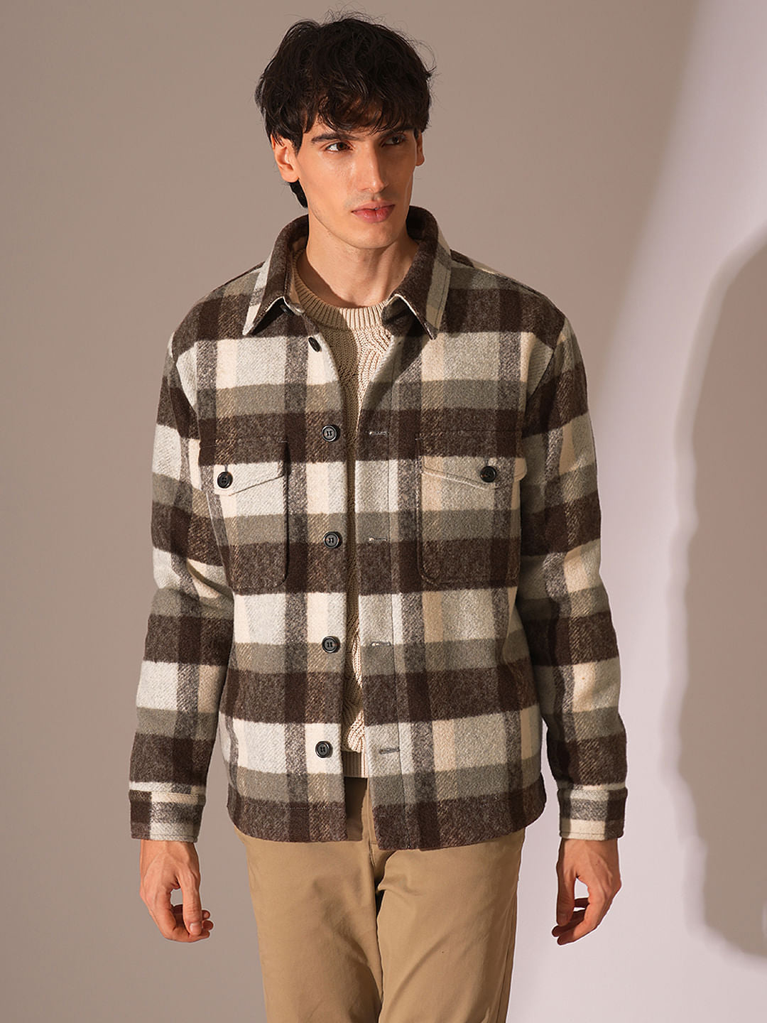 Brown Check Print Shacket