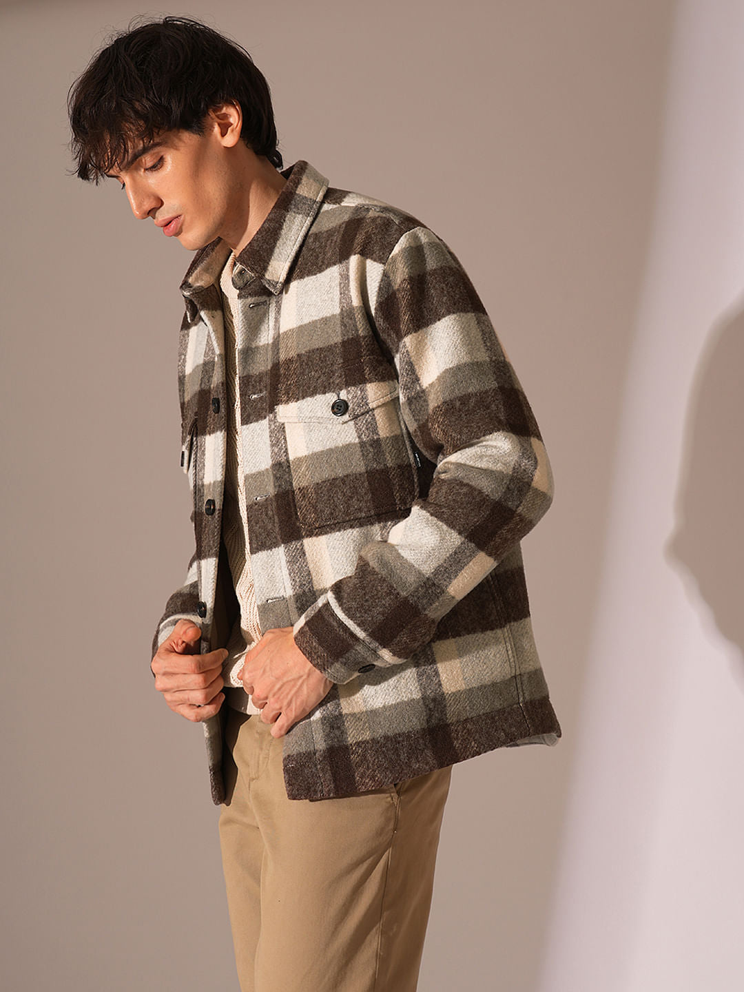Brown Check Print Shacket