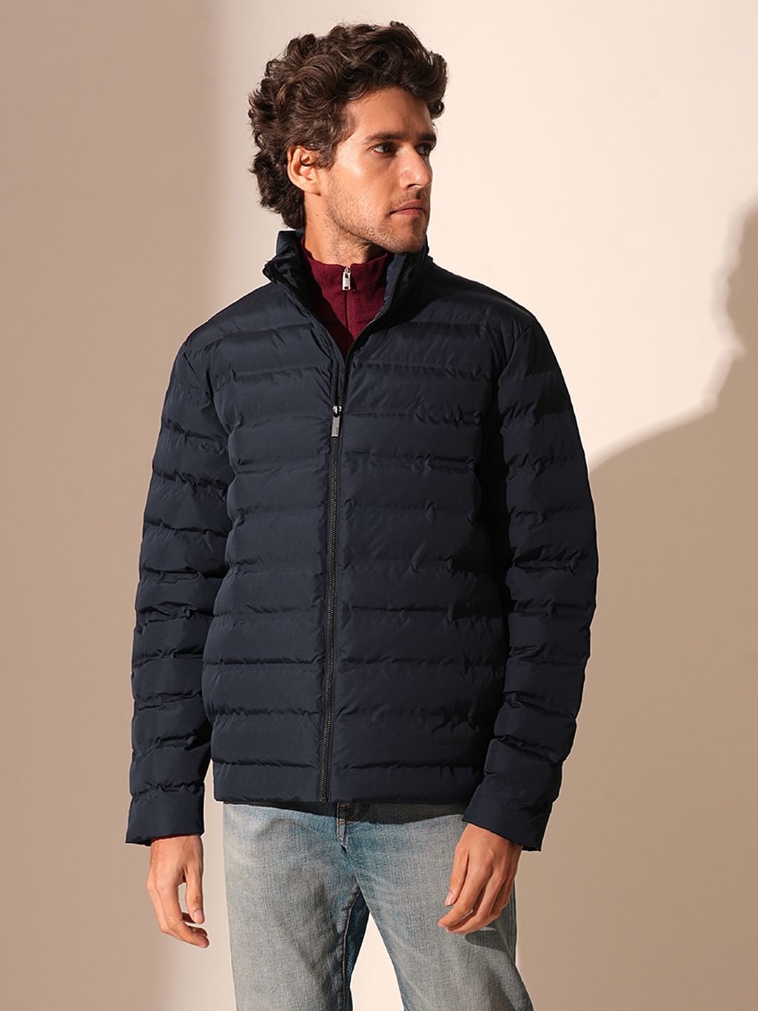 Blue High Neck Quilted Jacket