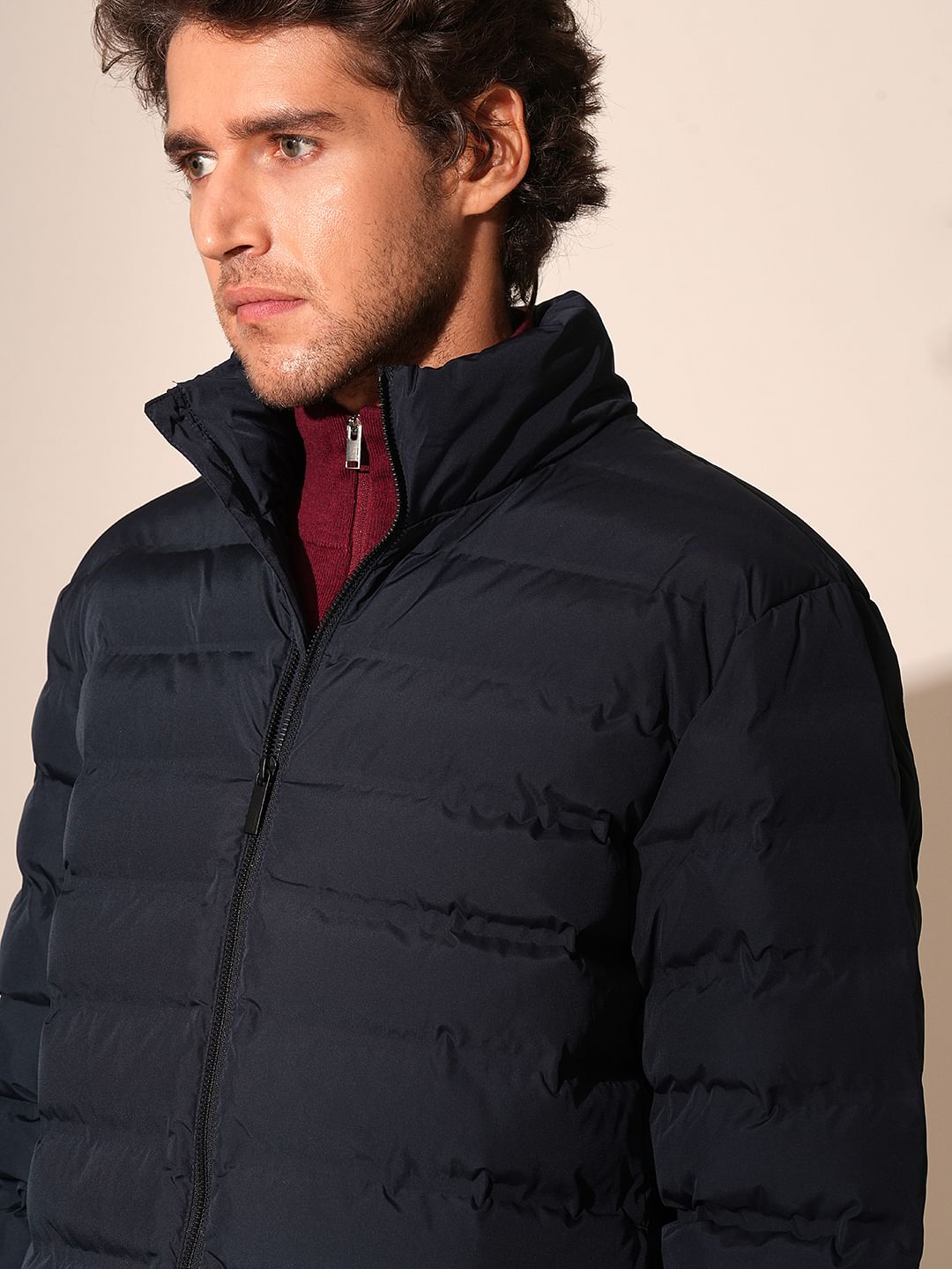 Blue High Neck Quilted Jacket