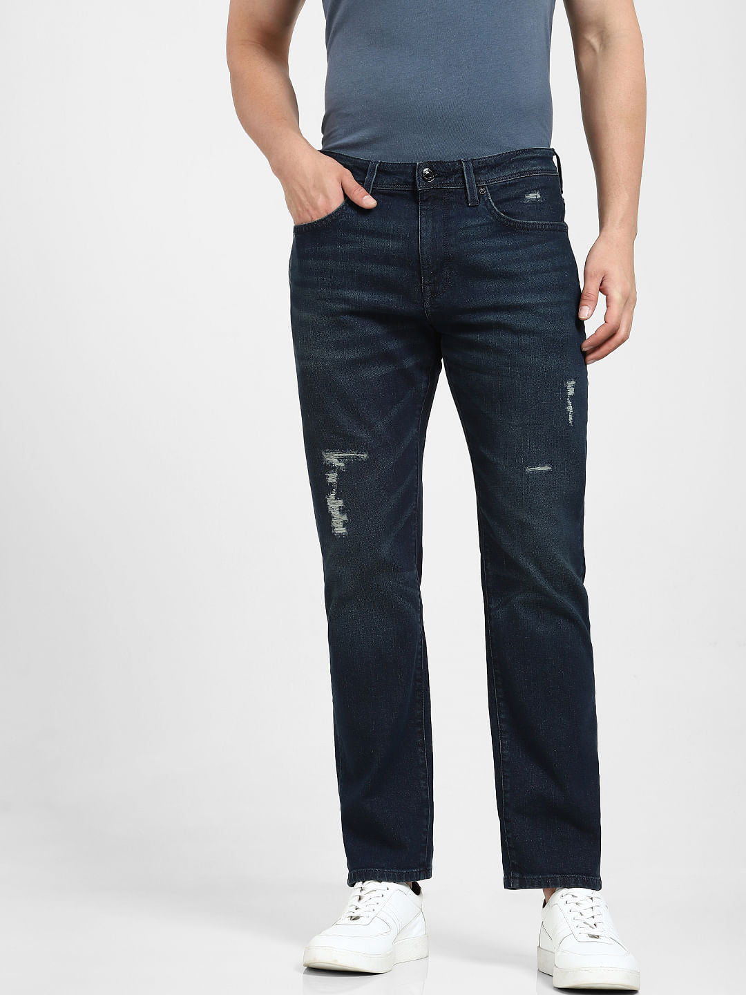 Dark Blue Mid Rise Distressed Straight Fit Jeans