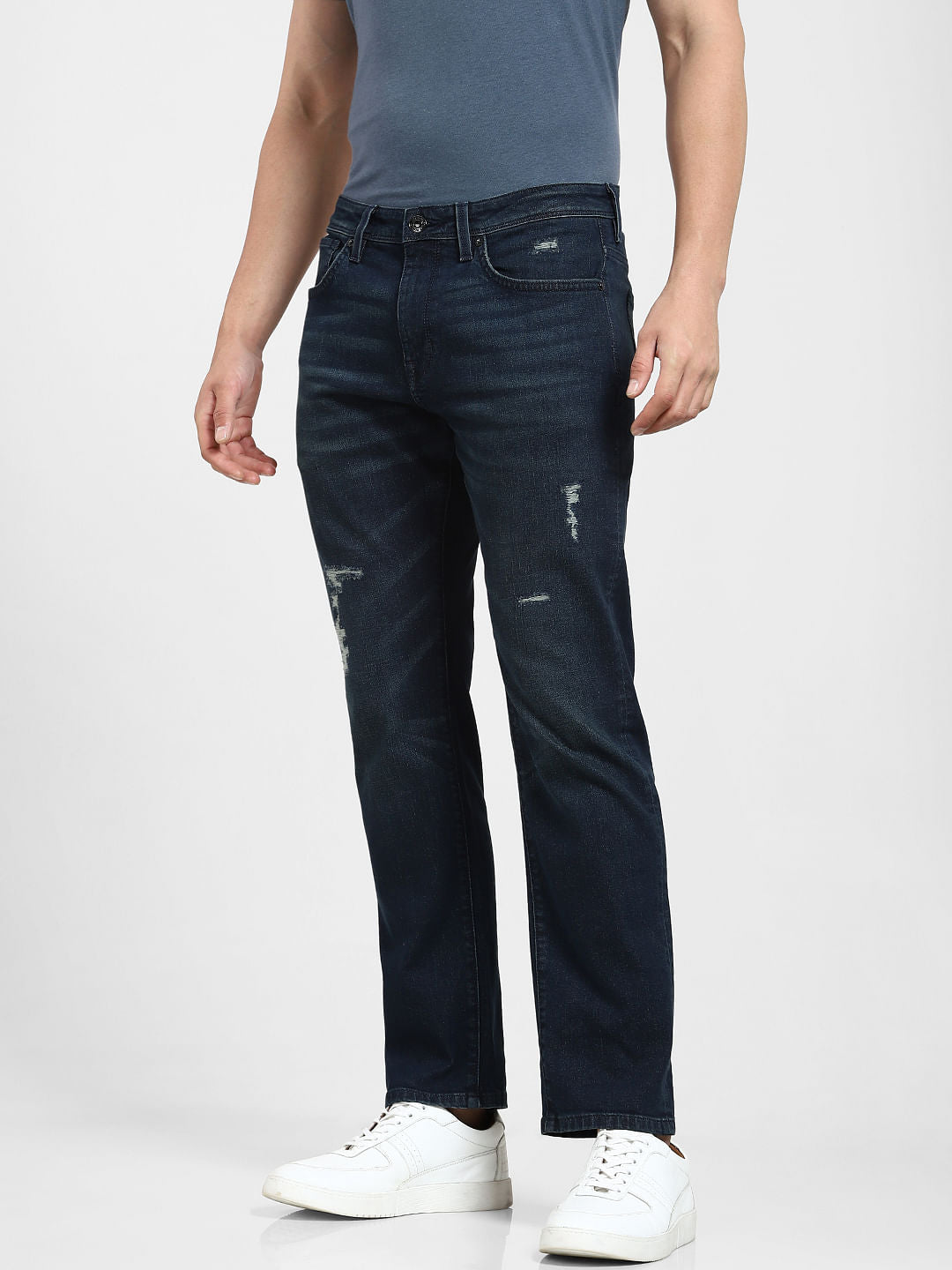 Dark Blue Mid Rise Distressed Straight Fit Jeans
