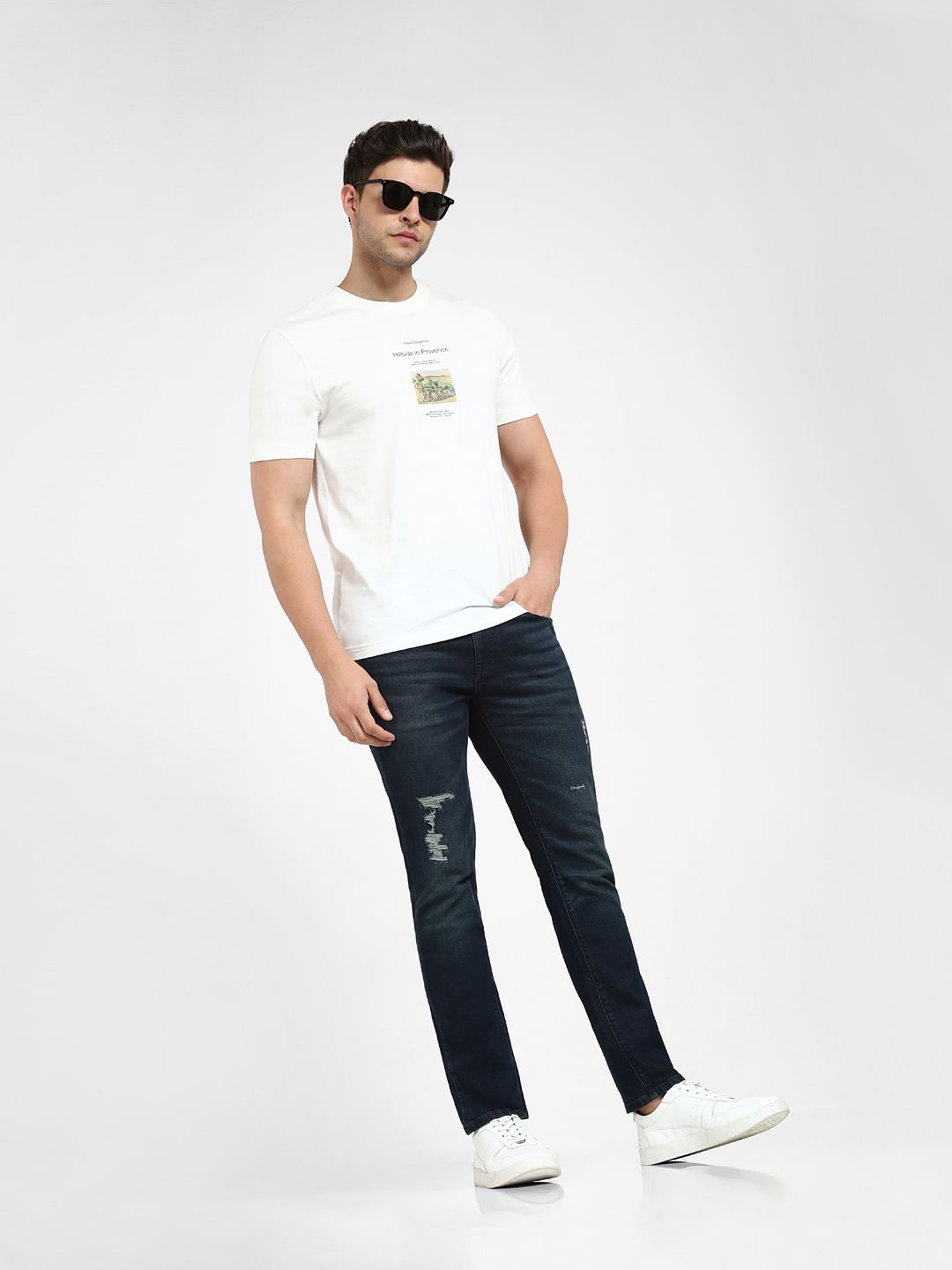 Dark Blue Mid Rise Distressed Slim Fit Jeans