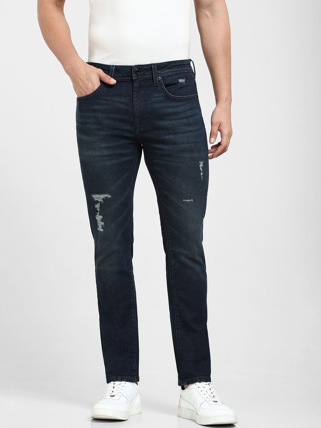 Dark Blue Mid Rise Distressed Slim Fit Jeans