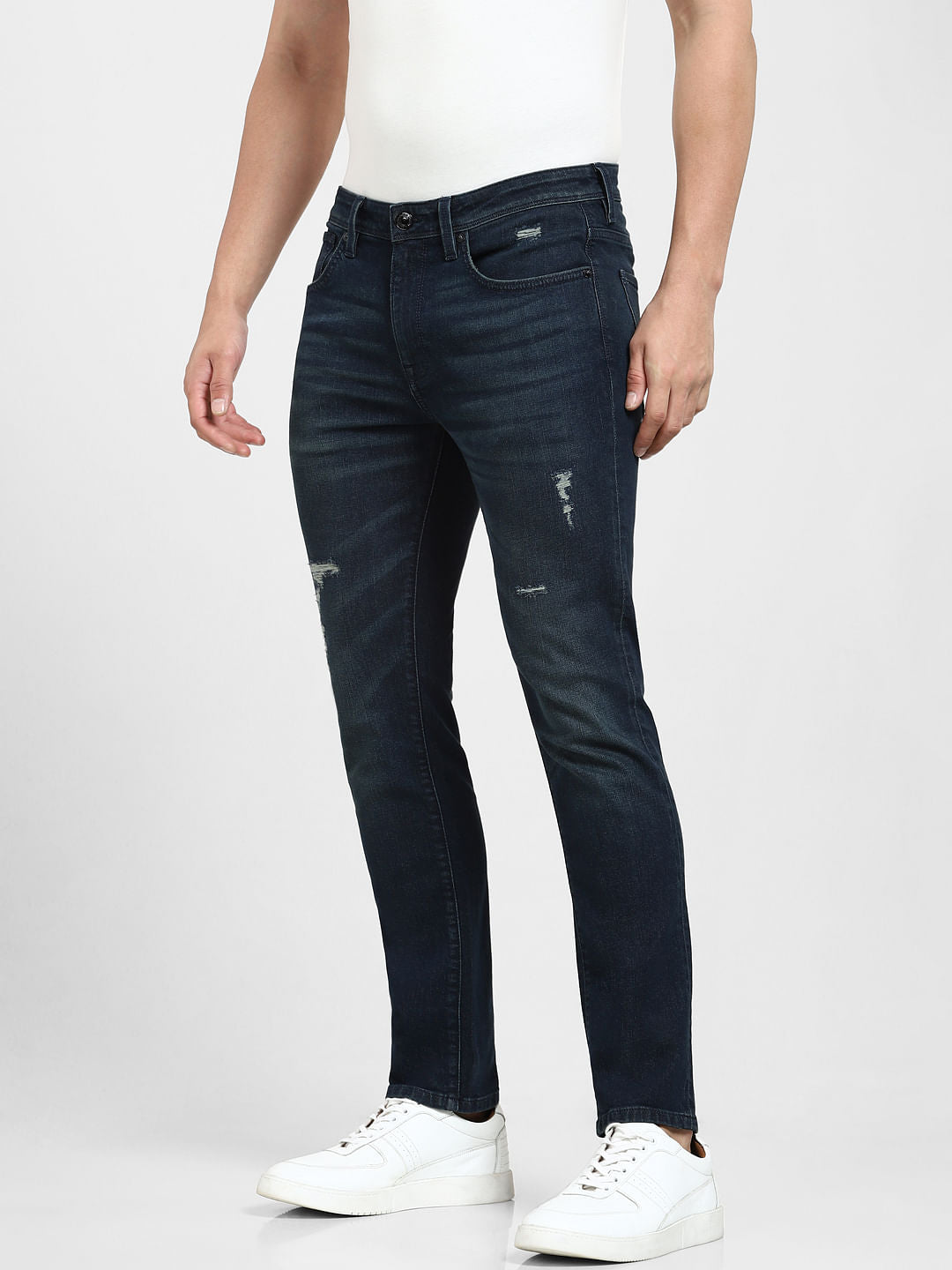 Dark Blue Mid Rise Distressed Slim Fit Jeans