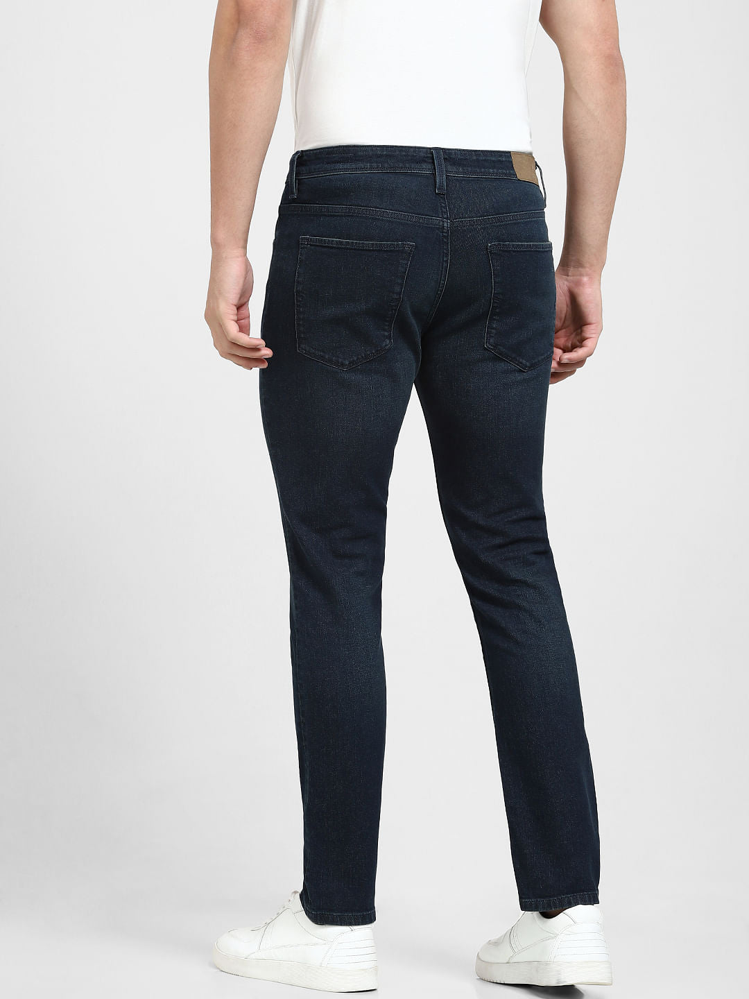 Dark Blue Mid Rise Distressed Slim Fit Jeans