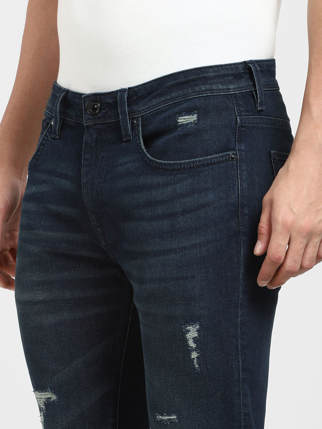 Dark Blue Mid Rise Distressed Slim Fit Jeans