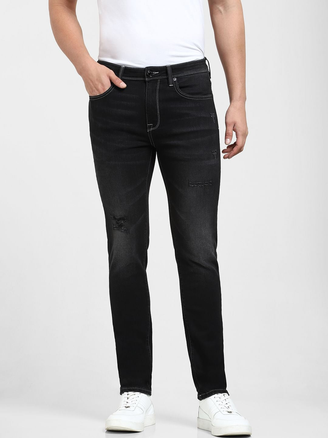 Black Mid Rise Distressed Slim Fit Jeans