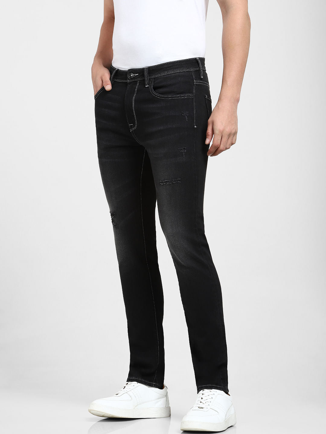Black Mid Rise Distressed Slim Fit Jeans