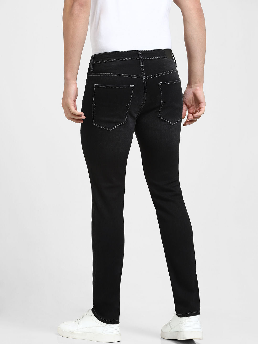 Black Mid Rise Distressed Slim Fit Jeans