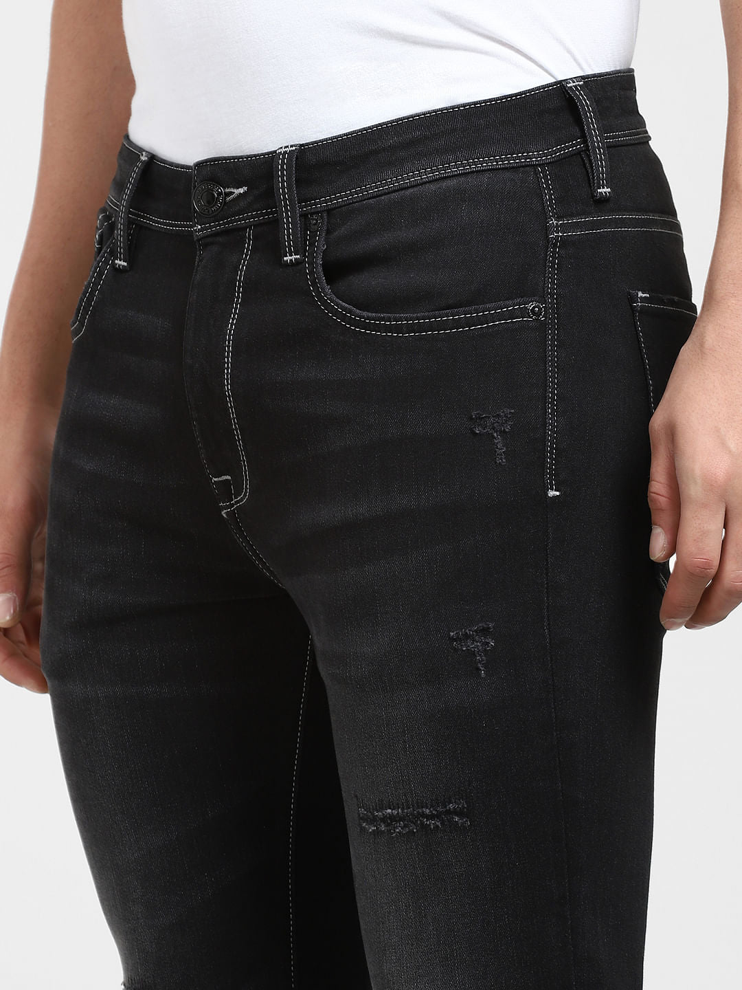 Black Mid Rise Distressed Slim Fit Jeans