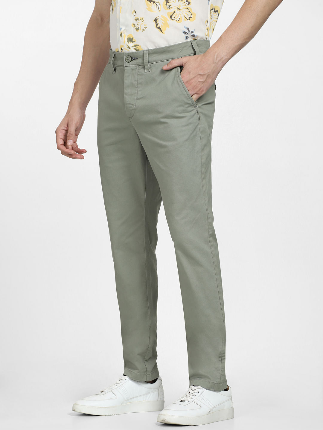Green Mid Rise Slim Fit Pants