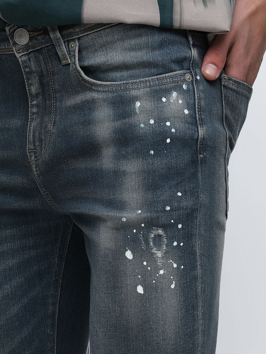 Blue Mid Rise Distressed Slim Fit Jeans