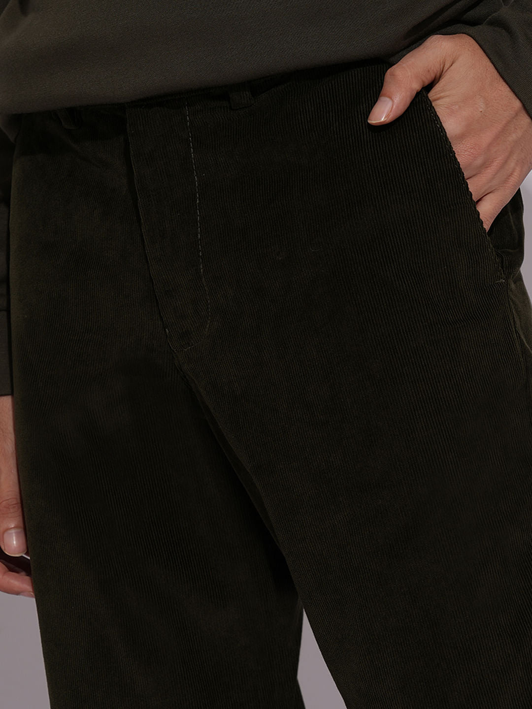 Green Corduroy Straight Fit Pants