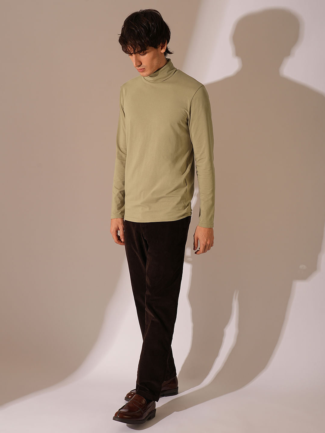 Beige Organic Cotton Roll Neck T-Shirt